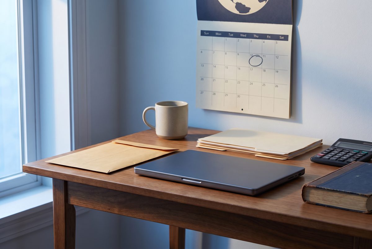 An unopened official envelope on a desk beside a closed laptop and a wall calendar with one date circled.