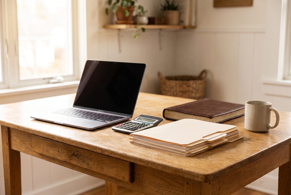 A tidy home office desk with a laptop, a calculator, a coffee mug, and a stack of file folders in morning light.