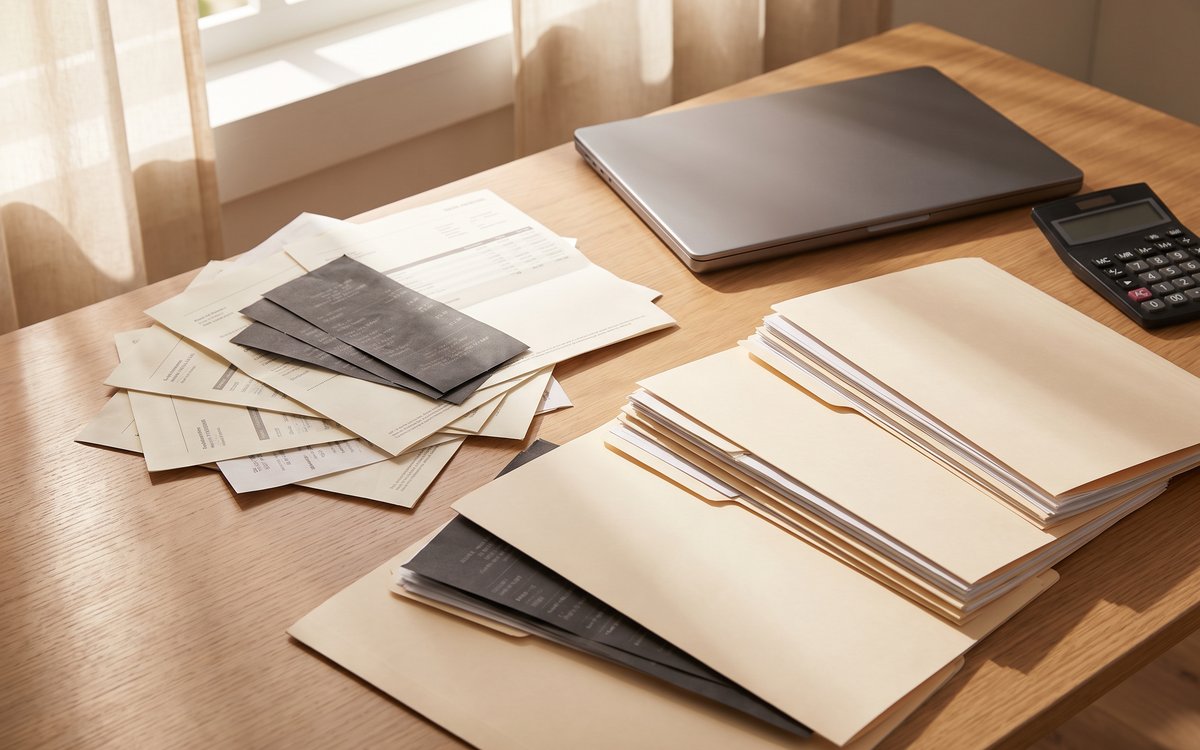 A desk mid-cleanup with a pile of paper statements and receipts being sorted into neat file folders beside a laptop and calculator.