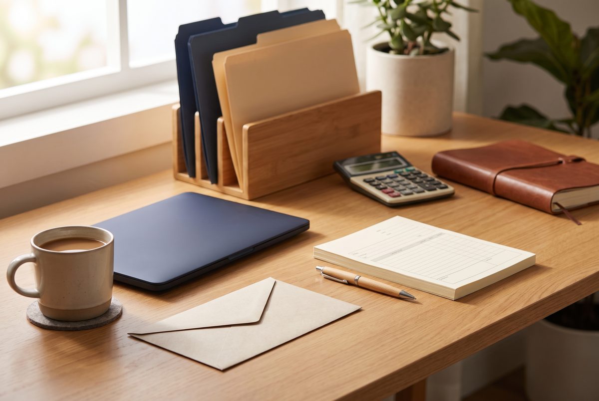 A tidy desk with a laptop, a blank paycheck envelope, a pen and a small stack of new hire forms in soft morning light.