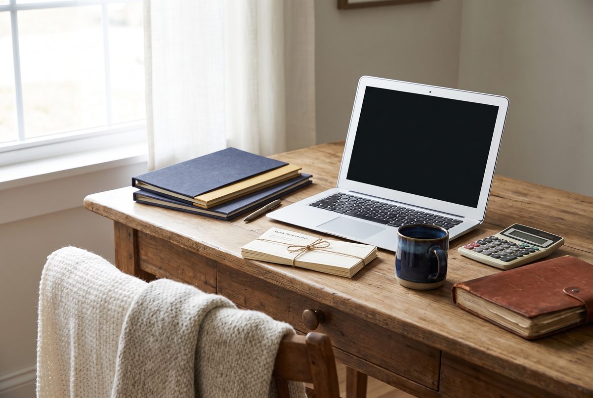 A laptop open on a kitchen table beside a mug and a small stack of paper statements in soft daylight.