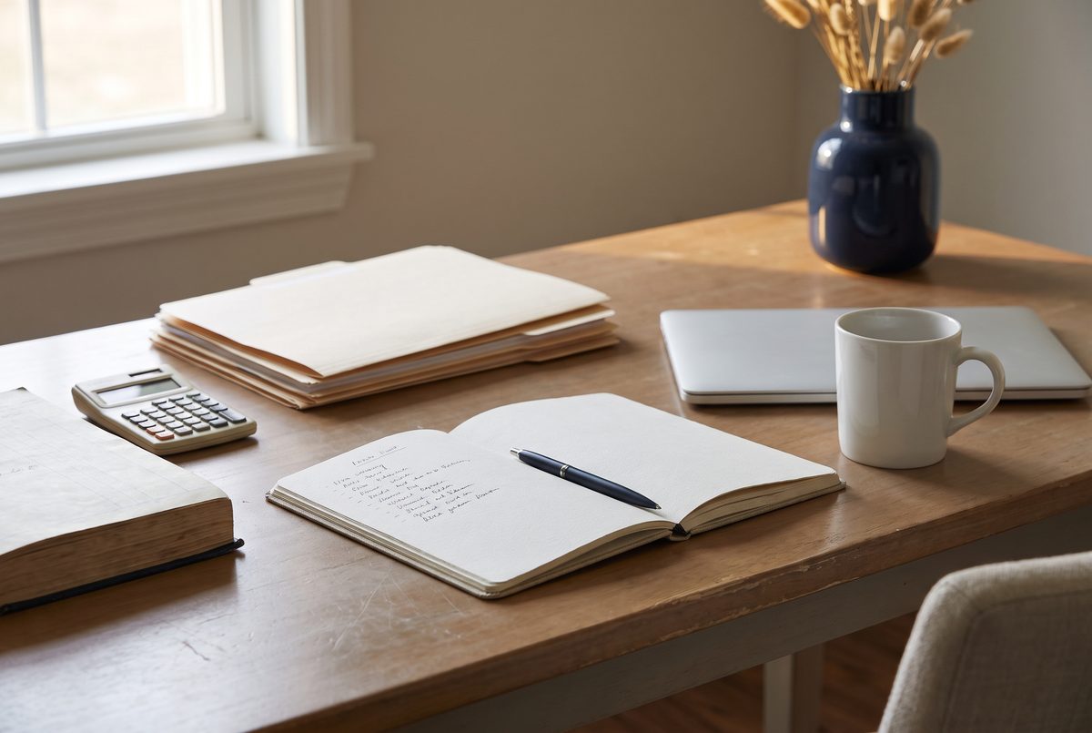A notebook with a short handwritten list of questions beside a coffee cup and a laptop on a plain desk in daylight.
