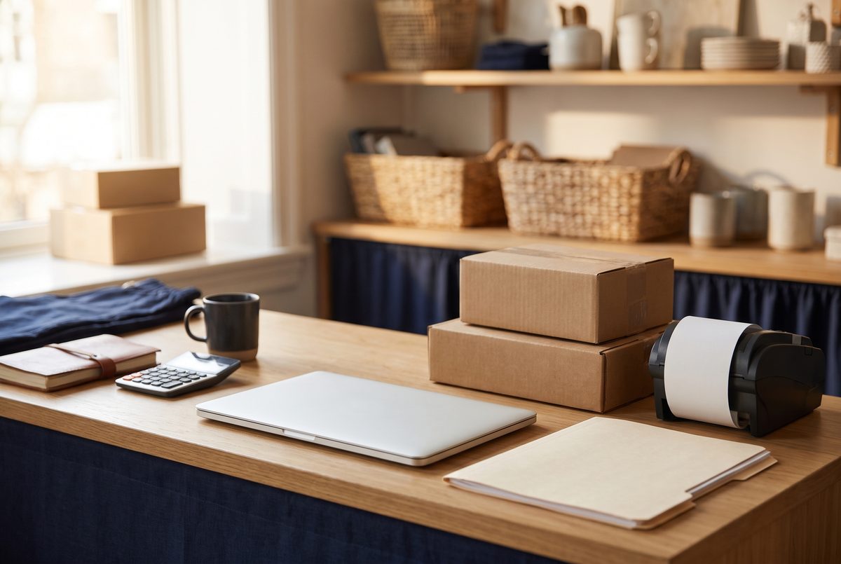 A small shop counter with a closed laptop, a stack of plain shipping boxes and a receipt printer in soft afternoon light.