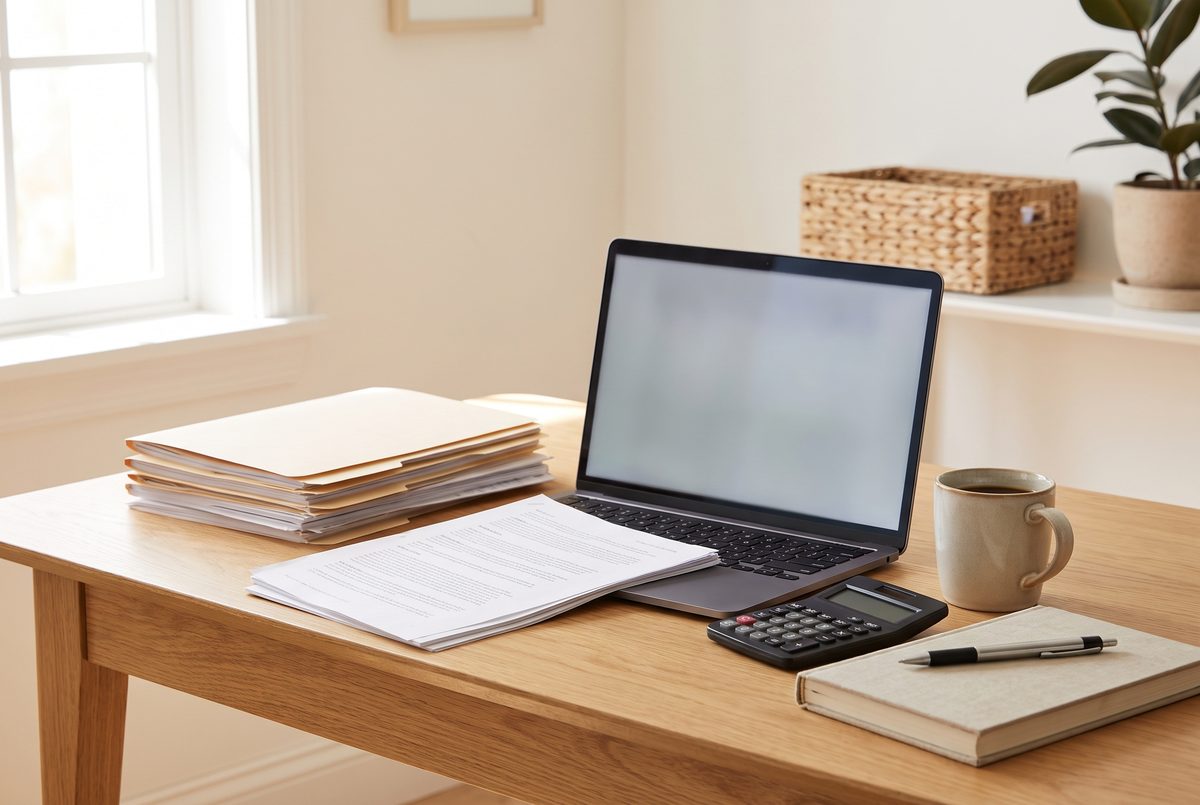 A tidy desk with a laptop, a folder of bank statements and last year's tax return laid out for a new bookkeeper.