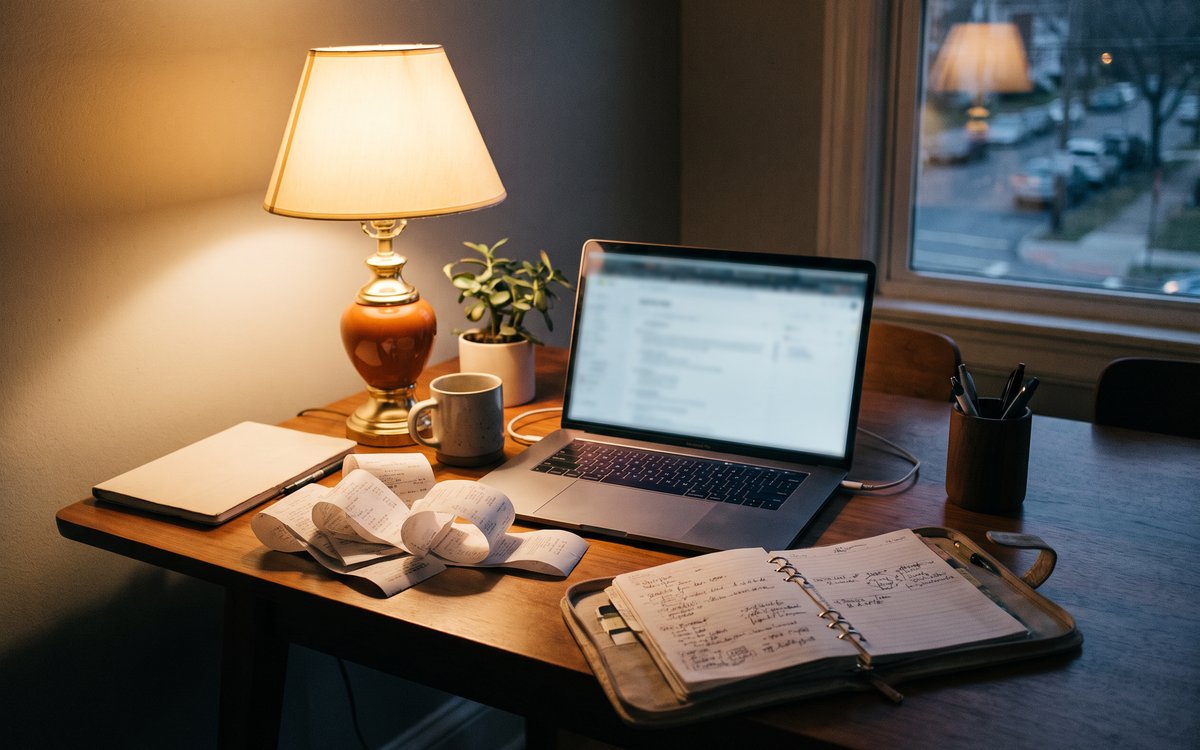 A small business owner's home-office desk in the evening with a glowing lamp, a laptop, a stack of receipts, and a planner.